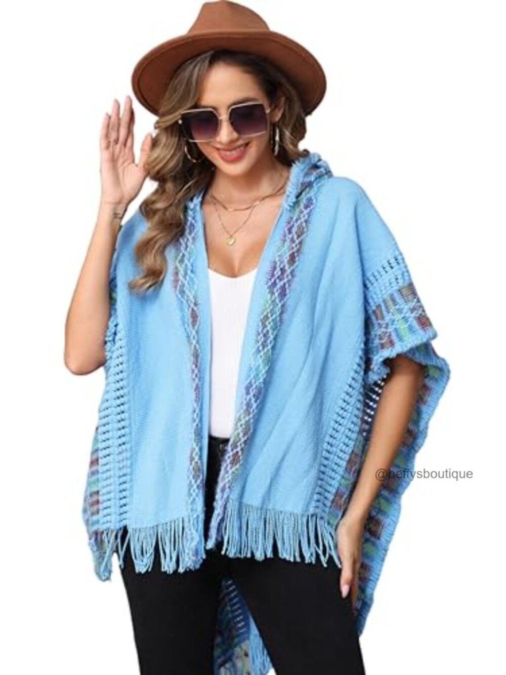 Knit Ethnic Tassel Striped Poncho Shawl Open Front Cape Wrap One Size